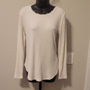 Maurices Cream Fitted Blouse with Full Sleeves and Rounded Lace Neckline